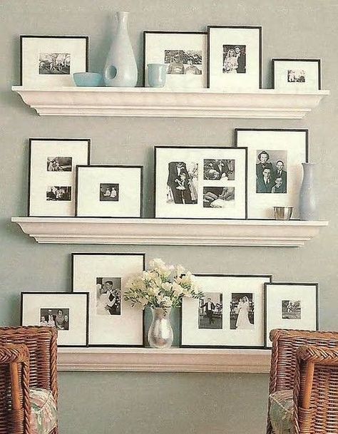 crown+molding+shelves | simply beautiful...crown molding shelves | Dream Home Photowall Ideas, Vibeke Design, Basement Family Room, Estantes Flotantes, Wall Gallery, Hallway Decorating, New Wall, Photo Displays, Family Pictures