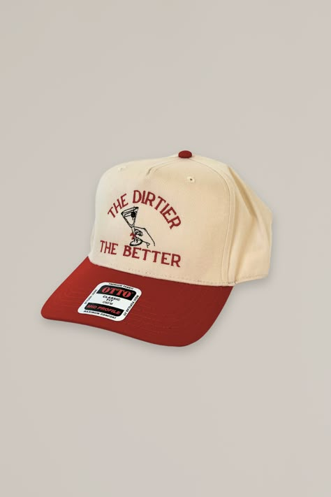 extra dirty with blue cheese olives, please! iykyk two-toned red and natural canvas snapback hat otto classic fit, mid-profile one size fits most all hats are final sale Cute Trucker Hats For Women, Blue Cheese Olives, Merch Hat, Trucker Hat Designs, Aesthetic Hats, Womens Trucker Hat, College Hats, Athens Ohio, Retro Hats