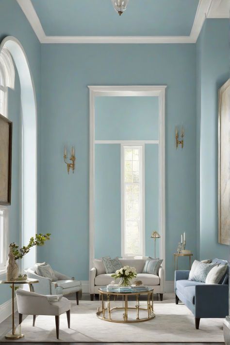 interior paint, home decor, interior decorating, wall color ideas, home renovation, paint brands, room design Blue Wall Paint, Living Room 2024, Light Oak Floors, Palladian Blue, Blue Painted Walls, Green Cabinets, Blue Rooms, A Living Room, Living Room Paint