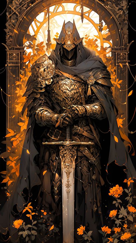 Follow the link for free image download Golden Knight Art, Fantasy Knight Art, Knights Art, Fantasy Knight, Knight Tattoo, Framed Tattoo, Knight Art, Knight Armor, Dungeons And Dragons Characters