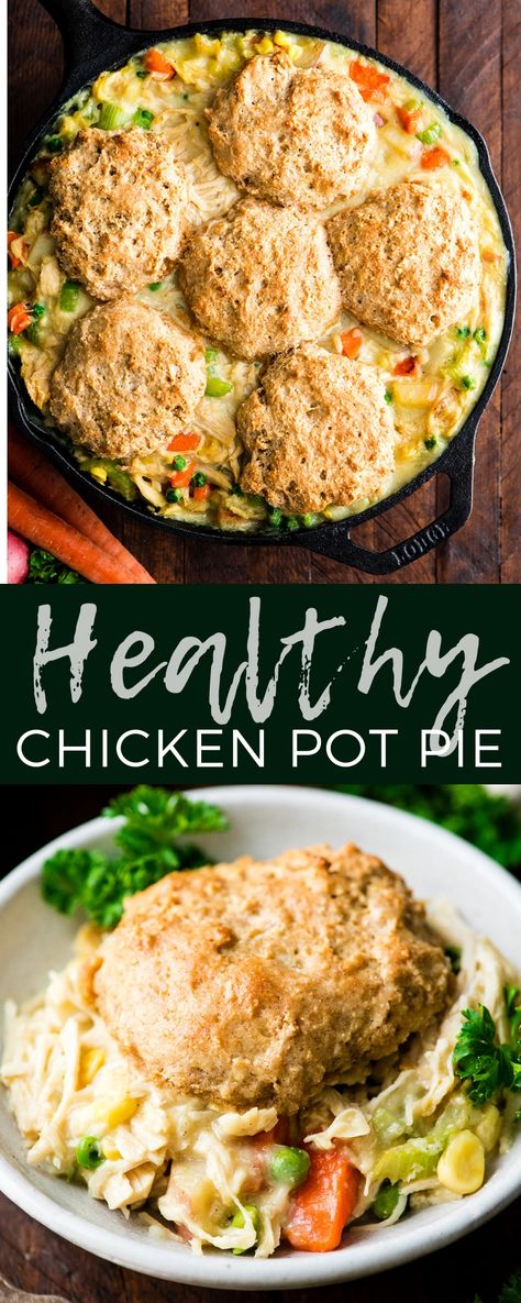 Chicken Pot Pie Healthy Easy, Whole Wheat Chicken Pot Pie, Clean Chicken Pot Pie Recipe, Healthy Chicken And Biscuits, Lightened Up Chicken Pot Pie, Pot Pie Healthy, Pot Pie Recipe Healthy, Healthy Chicken Pot Pie With Biscuits, Healthy Chicken Pie Recipe