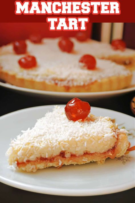 A delicious British pudding, this Manchester tart has a shortcrust pastry made from scratch, a layer of jam, a layer of custard, and it's then topped with desiccated coconut and Maraschino cherries. It's so scrumptious, and super easy to make too! Manchester Tart Recipe, Macaroons Easy, Mary Berry Recipes Baking, Coconut Tart Recipe, Manchester Tart, Rainbow Pie, British Pudding, Slice Recipes, Coconut Jam