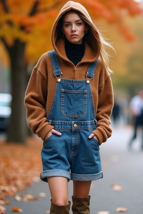 10 Must-Try Styling Tips for Fall Streetwear: Denim Overalls and Hoodies for Women in Their 30s - LaninStar's blog Denim Short Overalls Outfit, Short Overalls Outfit Fall, Overalls With Hoodie, Overalls Outfit Fall, Short Overalls Outfit, Women In Their 30s, Trench Coat Fall, Streetwear Denim, Fall Streetwear