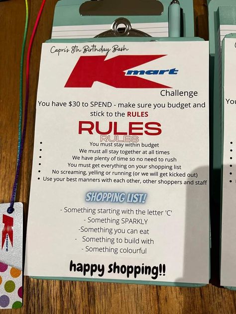 Parents are now hosting children's birthday parties at KMART where they give children $20 each and clues to find special treats around the store Kmart Party Challenge, Kmart Birthday Party Challenge, Kmart Challenge Party, Kmart Birthday Party Ideas, Kmart Challenge, Mall Birthday Party Ideas, Kmart Party, Mall Birthday Party, Mall Birthday