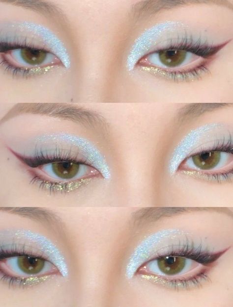 #makeup #asian #korean #koreanfashion #koreanskincare #kpop #koreanbeauty #kbeauty #skincare #beauty #makeuptutorial #ulzzang #makeupartist #blackpink #ulzzanggirl #tiktok #ulzzangmakeup #kstyle #glitter #eyeshadow #eyemakeup #chinese #douyin siren eye makeup tutorial blue glitter inner corner eyeshadow Angelcore Makeup, Eyeshadow Makeup Tutorial, Shine Makeup, Full Makeup Tutorial, Makeup Asian, Korean Eye Makeup, Full Makeup, Douyin Makeup, Swag Makeup