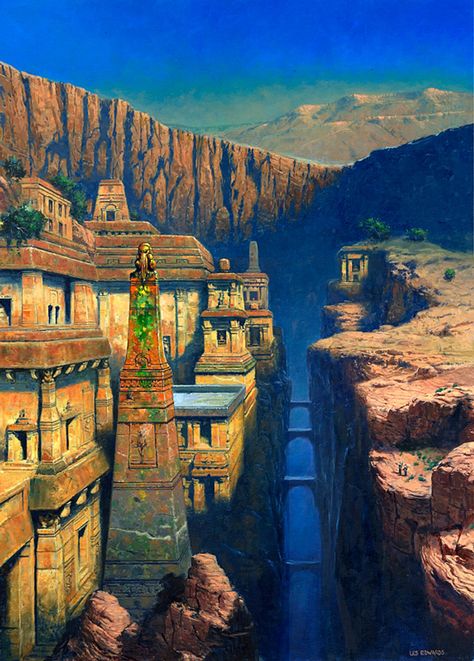 Les Edwards, Valley of the carven God Les Edwards, Canyon City, Valley City, Image Description, Fantasy City, Fantasy Setting, Fantasy Places, Fantasy Art Landscapes, Fantasy Concept Art