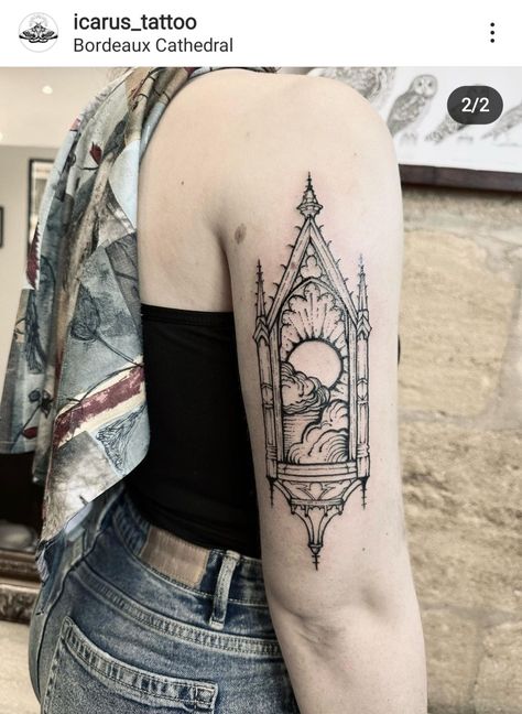 Iron Gate Tattoo, Vintage Window Tattoo, Gothic Cathedral Window Tattoo, Black And White Stained Glass Tattoo, Victorian Window Tattoo, Gothic Half Sleeve Tattoo, Vintage Picture Frame Tattoo, Bookcase Tattoo, Stained Glass Tattoo Black And White