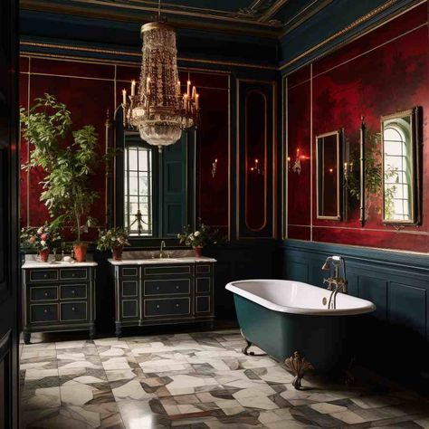 Dark Academia Bathroom | Health, Beauty, Fashion, Design, Pets & More | dagmaramach.com Dark Academia Bathroom, Moody Bathroom, Dark Green Bathrooms, Dark Bathrooms, Mahogany Furniture, Stone Cladding, Vintage Bathrooms, Green Bathroom, Vintage Bathroom