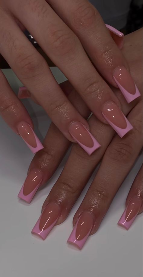 Pink Nails With A Design, Pink Tips Nails Acrylic, Clear And Pink Nails, Pink Red Bottom Nails, Different Shades Of Pink French Tips, Pink Base Nails With Design, Pink Square French Tip Nails, Pink Acrylic French Tip Nails, Cute Square Nails Medium