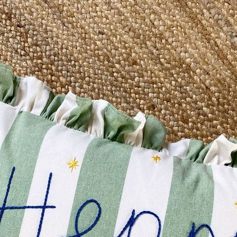 Sarah 🪡🧵 Thread The Word on Instagram: "H E N R Y ✨ Still very much working my way through all your personalised @fabricsnug cushion covers - thanks for bearing with me! 

Also feeling lots of love for GREEN today 💚 🍃 ♻️ 

.

.

.

.

#nurseryinspo #nurserydecor #newbaby #boysbedroom #kidsinteriors #madeinbritain #shopsmall #ianmankin #stripe #rufflecushion #ruffles #threadthewordembroidery #threadtheword" Nursery Inspo, Kids Style, Lots Of Love, Boy's Bedroom, Kids Rooms, Small Shop, My Way, Cushion Covers, Nursery Decor