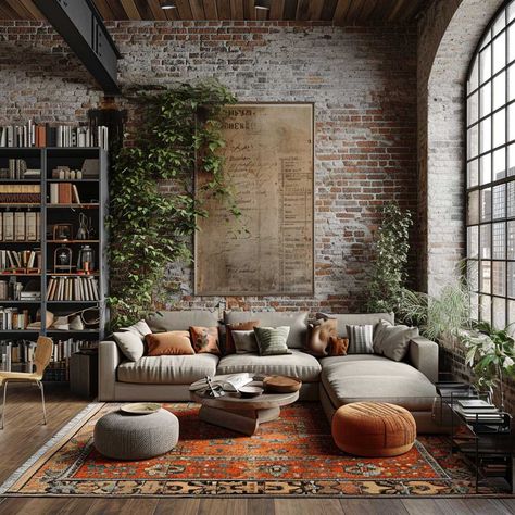 21+ Boho Industrial Living Room Ideas for the Modern Home • 333+ Images • [ArtFacade] Industrial Scandinavian Interior, Boho Industrial Living Room, Loft Estilo Industrial, Industrial Living Room Design, Industrial Style Living Room, Industrial Living Room, Design Marocain, Barn Loft, Industrial Apartment