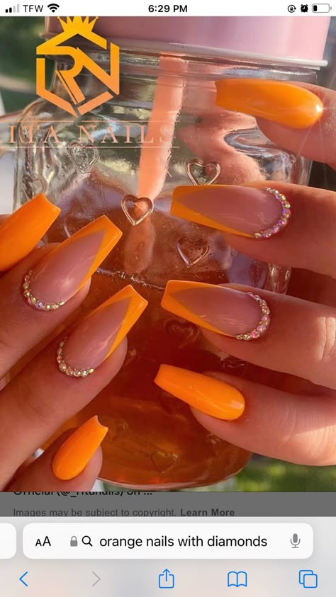 Trendy Orange Nails Acrylic, Orange Nail Designs Coffin, Nails 2023 Trends Summer Yellow, Bright Colours Nails, Orange Nails Baddie, Nails 2023 Trends Summer Orange, Gel Nails Ideas Orange, Orang Nails Ideas, Neon Orange Nail Ideas Summer