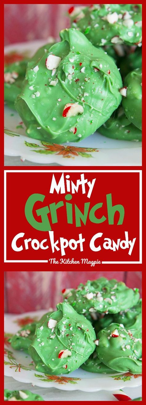 My new Minty Grinch Crockpot Candy is sure to be a family favourite for Christmas and it couldn’t be easier to make! Simply put it in the crockpot and in an hour you have candy! Recipe from @kitchenmagpie #candy #holiday Grinch Desert, Grinch Goodies, Party Food Crockpot, Grinch Recipes, Grinch Treats, Christmas Mints, Grinch Fudge, Grinch Snack, Crock Pot Candy