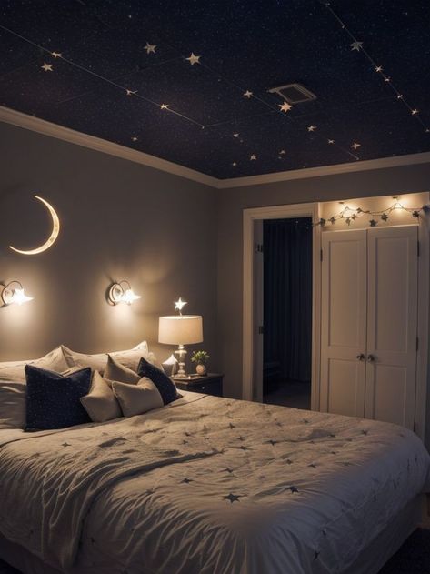 Create a celestial-inspired bedroom by incorporating night lights that mimic stars and planets. Hang a moon-shaped lamp on the wall, place constellation projectors around the room, and add string lights in the shape of stars for a dreamy ambiance. Planet Bedroom Aesthetic, Star Themed Room Aesthetic, Celestial Themed Room, Constellation Bedroom, Celestial Bedroom Aesthetic, Room String Lights, Bedroom Revamp, Bedroom Transformation, String Lights In The Bedroom