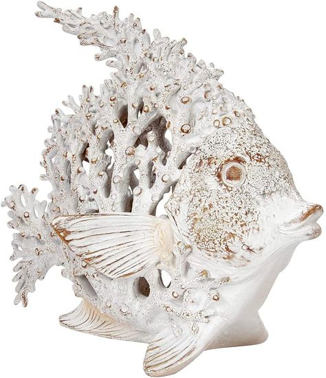 PRICES MAY VARY. COASTAL DECOR white coral look a fish with a unique look of a carved piece of coral sized to fit most anywhere measures 11 in x 10 in BEACH DECOR large white coral fish home accent sculpture has mesmerizing details that you will love displaying on a mantel, bookshelf, tabletop, and desk CORAL DECOR nautical beach home decor made of a coral look figurine but looks like it was carved out of a piece of coral measures 11 in x 10 in ANGELFISH makes a bold style accent all by itself o White Coral Reef, Beach Themed Room Decor, Coastal Living Rooms Ideas, Coastal Accessories, Home Decor Coastal, Ocean Home Decor, Nautical Accessories, Coral Decor, Boat Decor