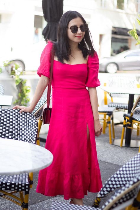 Hot Pink Dress with Oversized Sleeves and High Slit Dark Pink Midi Dress, Dark Pink Dress Outfit, Bright Pink Dress Outfit, Hot Pink Dress Outfit Casual, Pink Dress Outfit Casual, Hot Pink Dress Outfit, Midi Frock, Fuschia Pink Dress, Engagement Stage