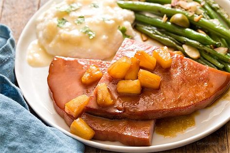 Honey Glazed Ham Steak Dinner For Two - Homemade In The Kitchen Glazed Ham Steak, Ham Steak Dinner, Christmas Ham Dinner, Recipes Using Ham, Steak Dinners For Two, Ham Steak Glaze, Christmas Dinner For Two, Ham Steak Recipes, Homemade Gravy Recipe