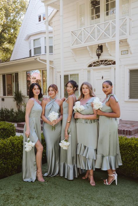 Silver Dress Wedding Guest, Silver Sage Bridesmaid Dresses, Bridesmaid Dresses Mix And Match, Satin Bridesmaids Dresses, Wedding Guest Fashion, Bridal Colors, Bridesmaid Dresses Midi, Sage Color Palette, Satin Bridesmaids