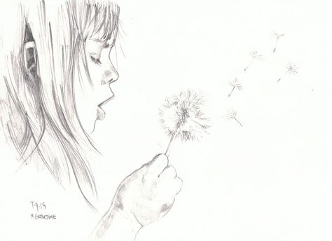 #growjune #thedailysketch pencil sketch of a girl blowing a dandelion. #childhood #draw #dandelion #nature #summer Draw Dandelion, Dandelion Puff Drawing, Dandelion Sketch, Dandelion Drawing Realistic, Dandelion Lion Drawing, Dandelion Seed Drawing, Blowing Dandelion Drawing, Blowing A Dandelion Drawing, Drawing Of Woman