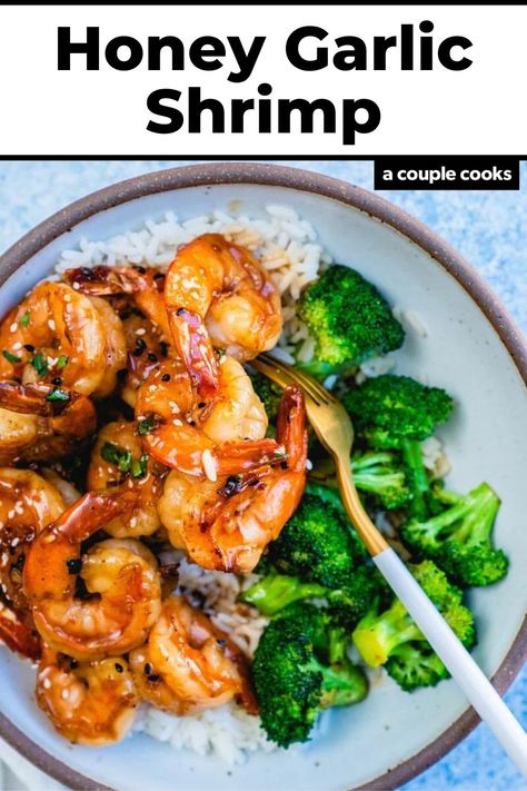 This honey garlic shrimp is so irresistible, you'll want to eat it every night! A sweet savory glaze covers succulent shrimp, and it's done in 10 minutes. #honey #garlic #shrimp #honeygarlicshrimp #garlicshrimp #honeyshrimp #easyshrimp Shrimp Dinner Ideas, Honey Shrimp, Easy Shrimp Recipes, Honey Garlic Shrimp, Vegan Brunch Recipes, Creamy Shrimp Pasta, A Couple Cooks, Winter Salad Recipes, Salad Dressing Recipes Healthy