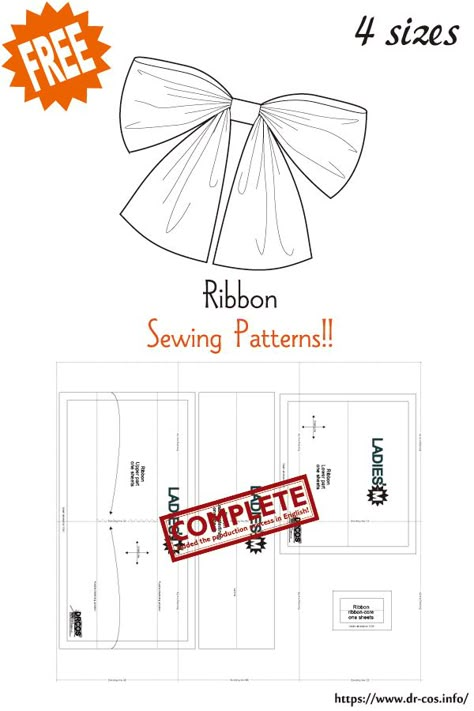 Sewing Bow Pattern, Bow Sewing Pattern, Mood Patterns, Cosplay Patterns, Japanese Sewing Patterns, Ribbon Pattern, Sewing Templates, Cute Sewing Projects, Free Sewing Patterns