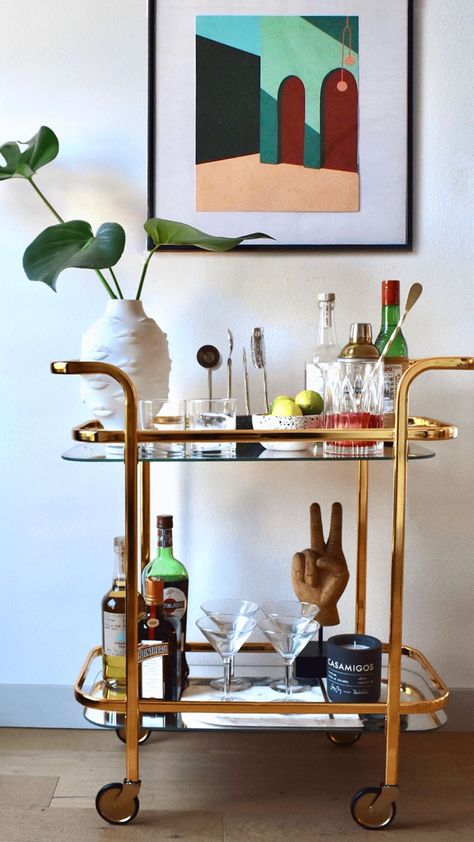 70s Bar Cart, Mcm Bar Cart, Eclectic Bar Cart, Unique Bar Cart, Mid Century Modern Bar Cart, Cocktail Corner, Perfect Bar Cart, Apartment 2023, Paris Flat