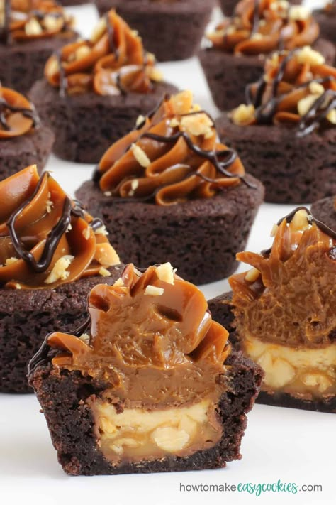 Snickers Cookie Cups, Cookies And Cups Recipes, Oatmeal Cookie Cups, Filled Mini Cupcakes, Mini Brownie Cups, Salted Caramel Cookie Cups, Individual Treats, Chocolate Cookie Cups, Salted Caramel Cookie