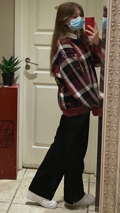 Oversized, Sweater, Red, Outfit, Shirt collar Red Checkered Outfit, Checkered Outfit, Checkered Sweater, Red Checkered, Red Outfit, Oversized Sweater, Fashion Inspo, Pants, Red