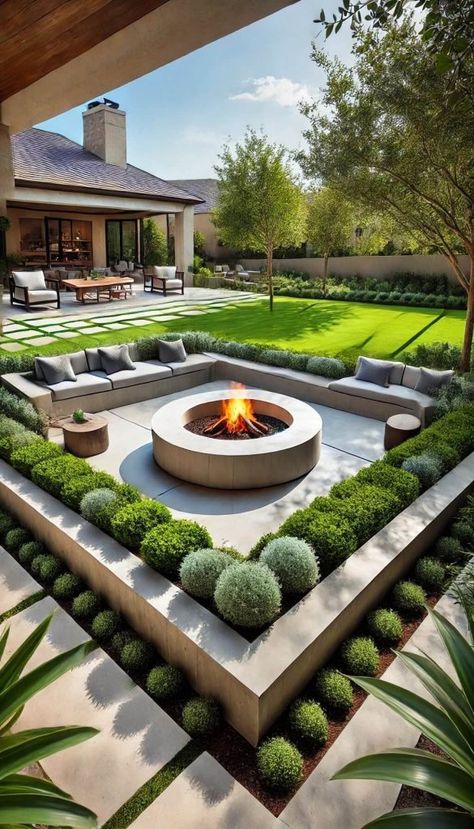 20+ Brilliant Concrete Fire Pit Ideas for Outdoor Enjoyment 40 Large Outdoor Fire Pit Ideas, Backyard Chimney, Cement Fire Pit, Yard Fireplace, Fire Pit Concrete, Sunken Fire Pit, Modern Yard, Sunken Patio, Concrete Fire Pit