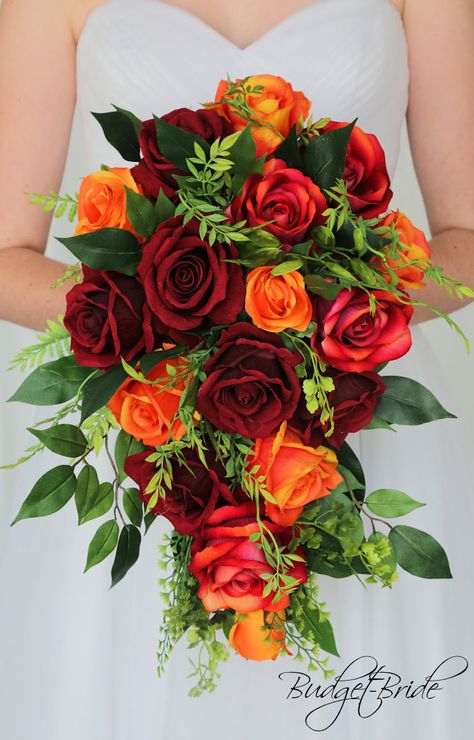 Click to open gallery Bouquet Red Roses, Red Rose Bridal Bouquet, Different Bridesmaid Dresses, Red Bridal Bouquet, Roses Orange, Bridal Wedding Flowers, Cascading Bridal Bouquets, Orange Wedding Flowers, Round Bouquet