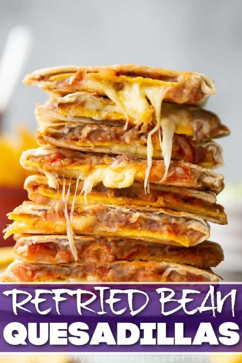 Quesadilla Recipes Beans, Cheese And Refried Bean Quesadilla, Quesadilla With Refried Beans, Bean And Cheese Quesadilla Recipes, Quesadilla Tacos Recipe, Lunch Quesadilla Recipes, No Meat Quesadilla, Cheese And Bean Quesadilla, Refried Beans Lunch Ideas