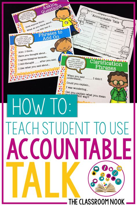 Want to increase deeper conversation between your students? Teach them how to use accountable talk with tips and ideas from this blog post. You can even snag a free set of Accountable Talk posters to display in your classroom #accountabletalk Class Discussion Anchor Chart, Talk Moves Anchor Chart Classroom, Student Discourse Anchor Chart, Collaborative Conversations Anchor Chart, Accountable Talk Anchor Chart, Classroom Discussion Strategies, Accountable Talk Posters, Talk Moves, Academic Conversations