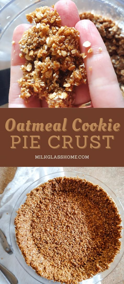 Put together this sweet, spiced, crunchy oatmeal pie crust in a few minutes! Perfect for no-bake cheesecakes and pudding pies! Oatmeal Cookie Crust Desserts, Easy Pie Crust Desserts, Oatmeal Crust Pie, Oatmeal Cookie Pie Crust, Granola Pie Crust, Oatmeal Cookie Cheesecake, Cookie Crumb Pie Crust Recipe, Nutty Pie Crust, Oatmeal Cookie Crust Cheesecake