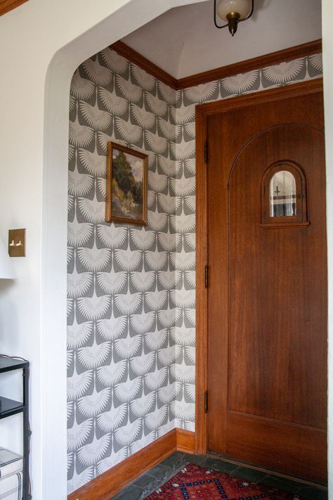 Small Entryway Wallpaper, Entryway Ideas Wallpaper, Wallpaper In Entryway, Wallpaper Foyer Entryway, Wallpapered Door, Foyer Wallpaper Entryway, Wallpaper Entryway Foyers, Entry Way Wallpaper, Wallpaper Entry