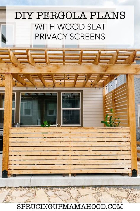 Does your backyard need some extra shade and privacy? Add a pergola! These detailed DIY pergola plans go over everything you need including drawings, instructions and list of materials! #pergoladesign #diypergola #privacywall #privacyscreen #backyardinspo #patiodesign #patioinspo #outdoorfurniture