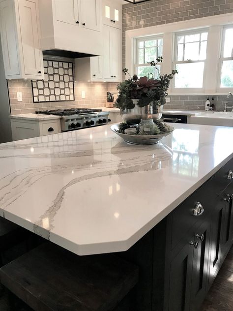 Kitchen Island Ideas Quartz, Quartz Countertops Island, Kitchen Remodel Marble Countertops, Cambria Torquay Countertops Kitchen, Beautiful Countertop Ideas, Quarts Counter Tops Kitchen White Backsplash, Farmhouse Quartz Countertops, Bold Kitchen Countertops, 2 Different Countertops In Kitchen