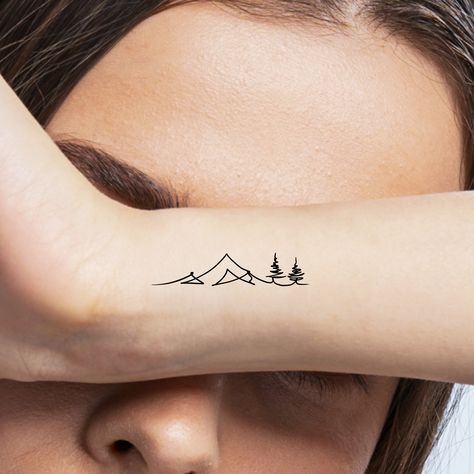 Moutain Tattoos, Alaska Tattoo, Small Mountain Tattoo, Ankle Tattoo Ideas, Geometric Mountain Tattoo, Camping Tattoo, Mountain Tattoo Simple, Cool Nature, Ribcage Tattoo