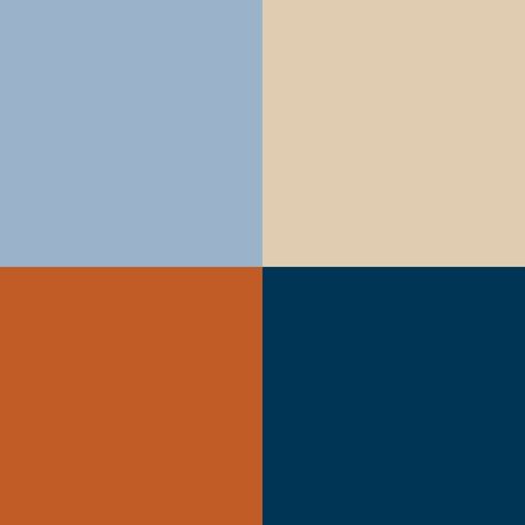 Burnt orange, beige, light grey-blue, dark/ navy blue Blue Orange Tan Living Room, Light Blue Burnt Orange Living Room, Burnt Orange And Blue Bedroom Ideas, Navy Colour Pallette, Navy Blue And Light Orange Wedding, Light Blue And Orange Kitchen, Orange And Blue Decor Bedroom, Blue And Clay Bedroom, Blue Orange Kitchen Ideas