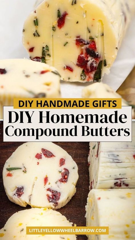 Searching for the best unique DIY gifts for holidays? If you're looking for homemade gift ideas for Christmas, you need to make these easy and delicious compound butters! Compound butters are an easy yet elegant way to transform fresh herbs and flowers into delicious, creamy spreads. With just a few simple steps, you can turn rosemary, sage, lavender, or even edible flowers into beautiful, rustic gifts for the holiday season. Find yummy compound butter recipes that can be used in food recipes! Best Homemade Food Gifts, Unique Homemade Christmas Gifts, Canned Gifts Homemade, Edible Christmas Gifts Homemade, Small Homemade Gifts, Homemade Gift Ideas For Christmas, Homemade Food Gifts For Christmas, Butter Gifts, Handmade Food Gifts