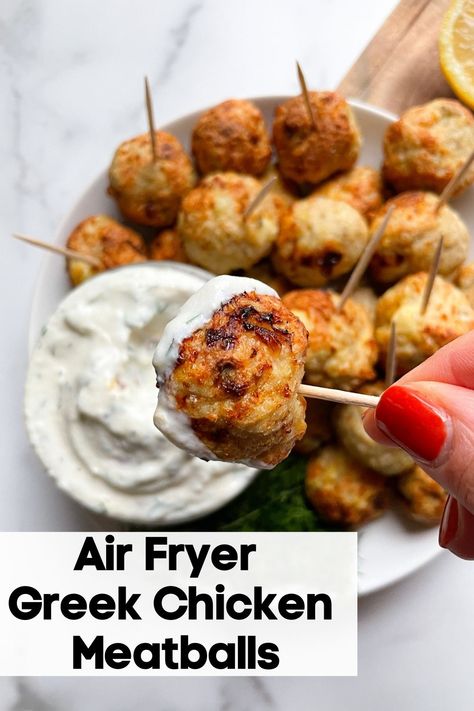 Air Fryer Greek Chicken Meatballs (with Lemon Dill Yogurt Sauce) Dill Chicken Meatballs, Healthy Meatball Appetizer, Meatball On A Stick, Greek Appetizers Easy, Healthy Meatball Recipes, Air Fryer Greek Chicken, Healthy Meatball Recipe, Greek Chicken Meatballs, Dill Yogurt Sauce