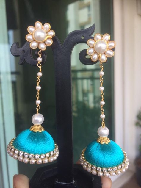 Blue colour silk thread jumka with long pearl chain and pachi studs combination Silk Thread Jhumka, Silk Thread Jhumkas, Silk Thread Earrings Designs, Silk Thread Necklace, Silk Thread Bangles Design, Silk Bangles, Silk Thread Earrings, Thread Bangles Design, Silk Necklace