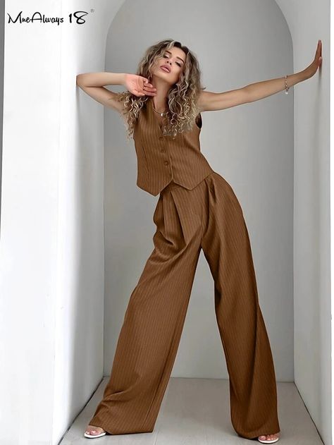 2688.6RSD 48% OFF|Mnealways18 Vintage Brown Stripe Pants Suits Office Ladies Vest Tops And Pleated Trousers Spring Summer 2024 Solid Casual Sets| |   - AliExpress Striped Suit, Striped Two Piece, Vest Set, Womens Clothing Patterns, Striped Vests, Solid Color Pants, Vest Pattern, Type Of Pants, Sleeveless Vest