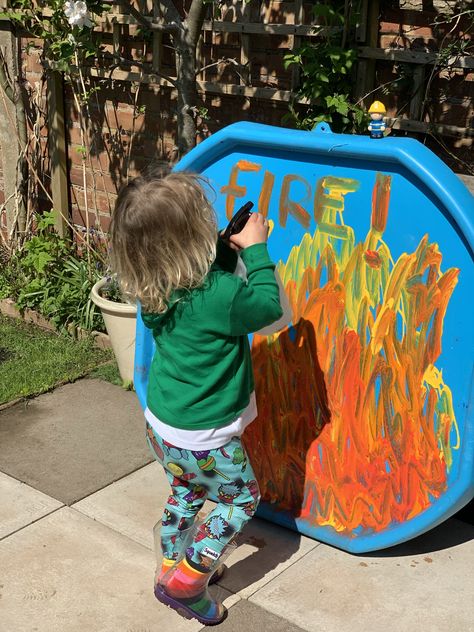 Fireman Tuff Tray, Outdoor Play Eyfs Activities, Occupation Tuff Tray, Birthday Party Tuff Tray Ideas, Fire Tuff Tray Ideas, People Who Help Us Eyfs Tuff Tray, Bonfire Night Sensory Play, Simple Tough Tray Ideas, Tuff Tray Ideas Outdoors