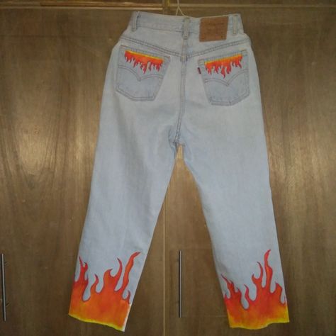 Hand painted flame on jeans Flames Painted On Jeans, Fire Painted Jeans, Flame Jeans Diy, Flame Painted Jeans, Hand Painted Denim Pants, Fire Jeans Paint, Fire Painting On Jeans, Flame Clothes, Painting On Pants