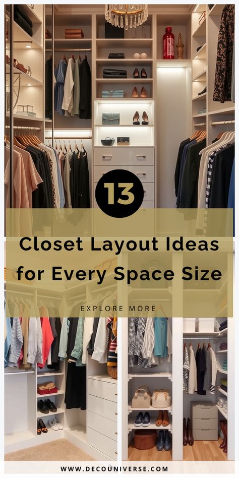 Transform your closet into an organized haven with these 13 layout ideas that maximize space and style. Odd Shaped Closet Design, U Shaped Dressing Room, Dimensions For Walk In Closet, Guest Room Closet Design, U Closet Design, Closetmaid Ideas Layout Walk In, Small L Shaped Walk In Closet Ideas, U Shape Closet Design, U Shaped Closet Organization Ideas