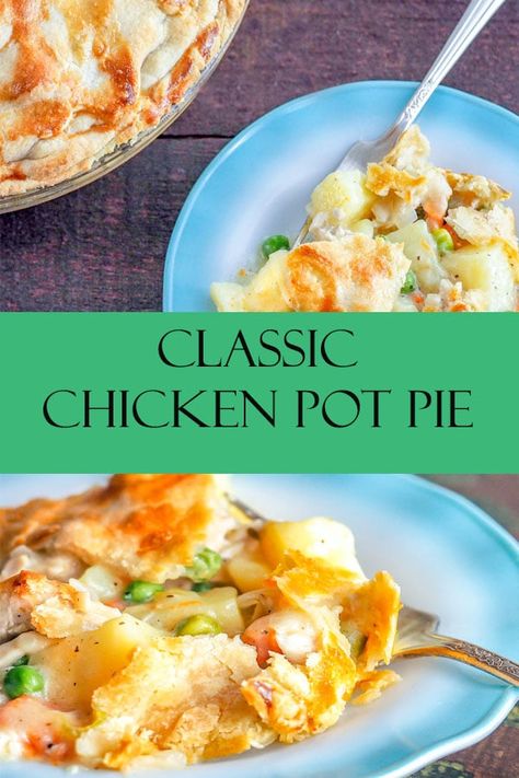 A satisfying cool weather comfort food this chicken pot pie is a classic family dinner that will please the pickiest eater! Perfectly seasoned chicken that has been cooked until fork tender then added to savory cooked potatoes and carrots in a cream sauce then baked in a pie crust until golden brown. A great budget friendly meal that can use up the leftovers in your fridge! #mondayismeatloaf #chickenpotpie #chickenpotpierecipe #chickenpotpiecasserole #chickenpotpieeasy Chicken Pot Pie Damn Delicious, Damn Delicious Chicken Pot Pie, Chicken Pot Pie With Potatoes Recipe, Chicken Pot Pie Casserole With Potatoes, Easy Chicken Pot Pie With Potatoes, Damn Delicious Chicken, Chicken Pot Pie With Potatoes, Pot Pie With Potatoes, Chicken Pop Pie