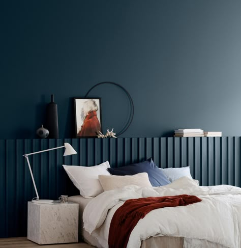 درج السلم, Bed Heads, Dark Blue Bedrooms, Navy Blue Bedrooms, Industrial Blue, Blue Ash, Interior Wall Paint, Blue Sheets, Blue Rooms