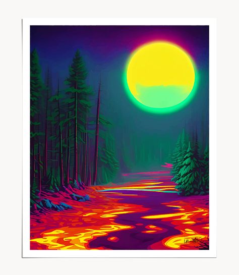 Neon Moon, Color Pop Art Glow Forest, Nature Landscape Adventure, Travel Mystery Eclectic, Contemporary Digital Painting Art Print ✓ Museum quality Giclée print signed by the artist ✓ Every order is custom made just for you ✓ FREE, fast, safe delivery worldwide ✓ 100% happiness guaranteed . #83oranges #artprints #gicleeprint #wallart #homedecor Color Pop Art, Orange Canvas Art, Art Glow, Moon Color, Interior Design Blogs, Personalized Gallery Wall, Eclectic Contemporary, Tropical Art Print, Neon Moon