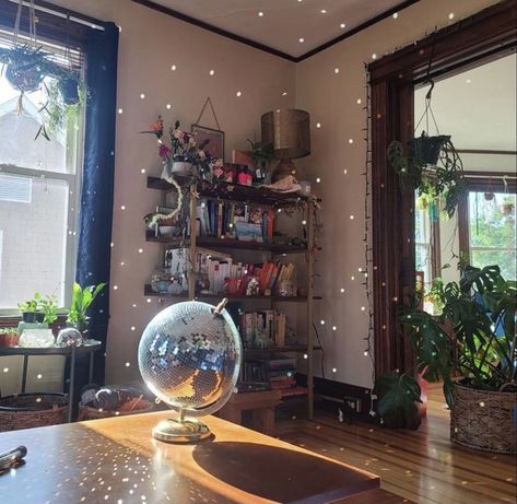 Living Room Disco Ball, Disco Ball Globe, Disco Globe, Basement Addition, Disco Decor, Apartment 2023, Navy Sofa, Disco Decorations, Glitter Ball