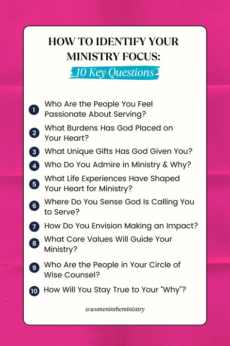 Feeling called to ministry but unsure where to start? These 10 powerful questions will help you discover your unique calling, define your focus, and step boldly into God’s purpose for your life. Learn how to identify who you're called to serve, uncover your spiritual gifts, and clarify your vision for impact. Perfect for women in ministry or anyone seeking clarity on their Kingdom work. Click to read more and take the next step in your ministry journey! 🙏 Women In Ministry, Powerful Questions, Teen Ministry, Called To Serve, Core Values, The Next Step, Spiritual Gifts, Next Step, Life Experiences